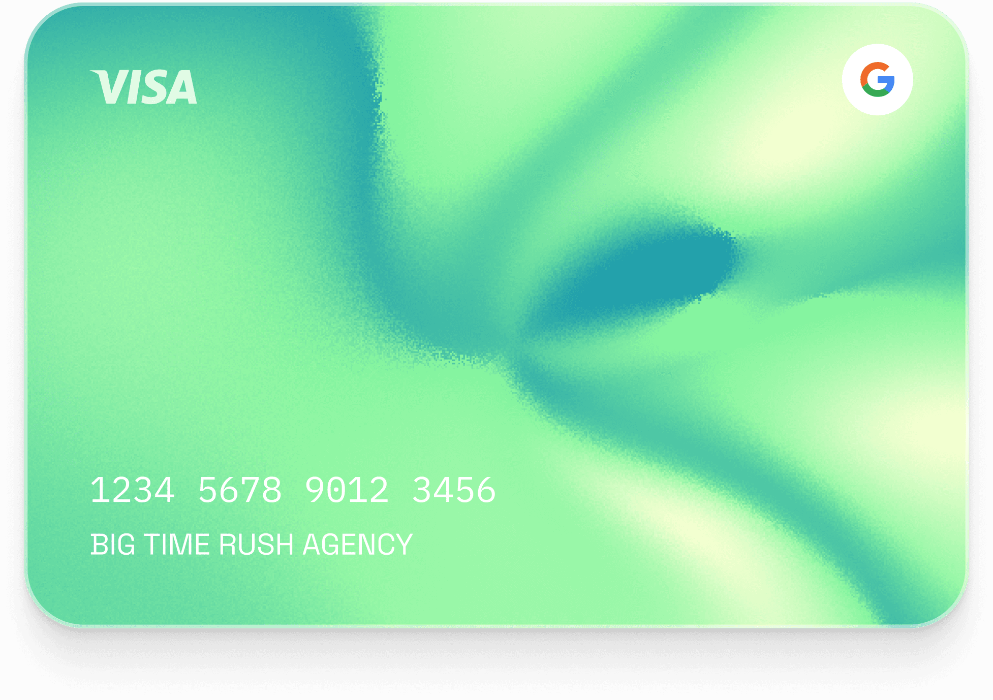 Visa card with Google Pay logo and sample card details on green gradient background.