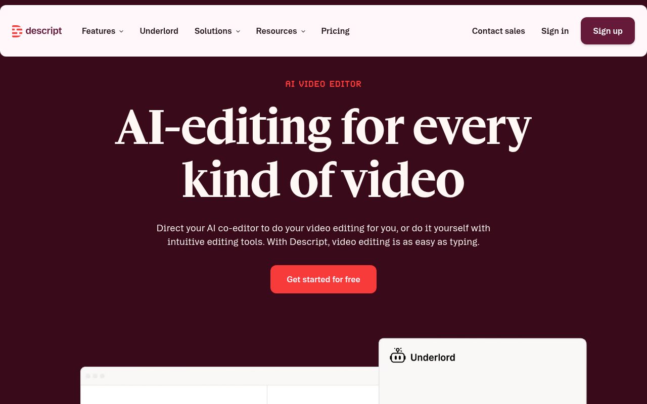 Descript homepage showing its AI video editor headline and Underlord AI co-editor panel