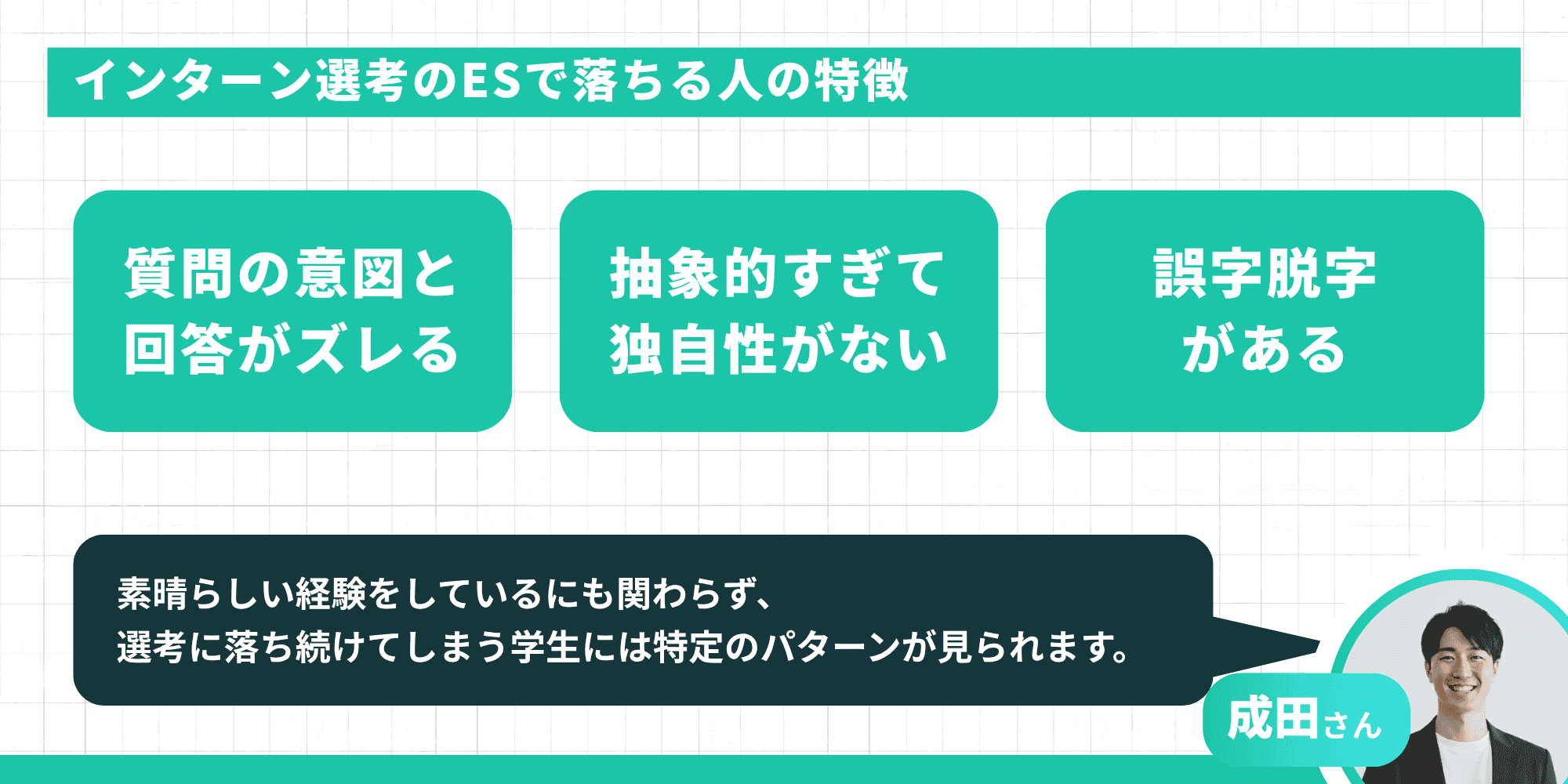 選考に通過しにくいESの3つの共通点。「質問の意図と回答がズレる」「抽象的すぎて独自性がない」「誤字脱字がある」を提示。成田さんのコメントでは、素晴らしい経験があっても落ちてしまう学生には特定のパターンがあると言及されています。