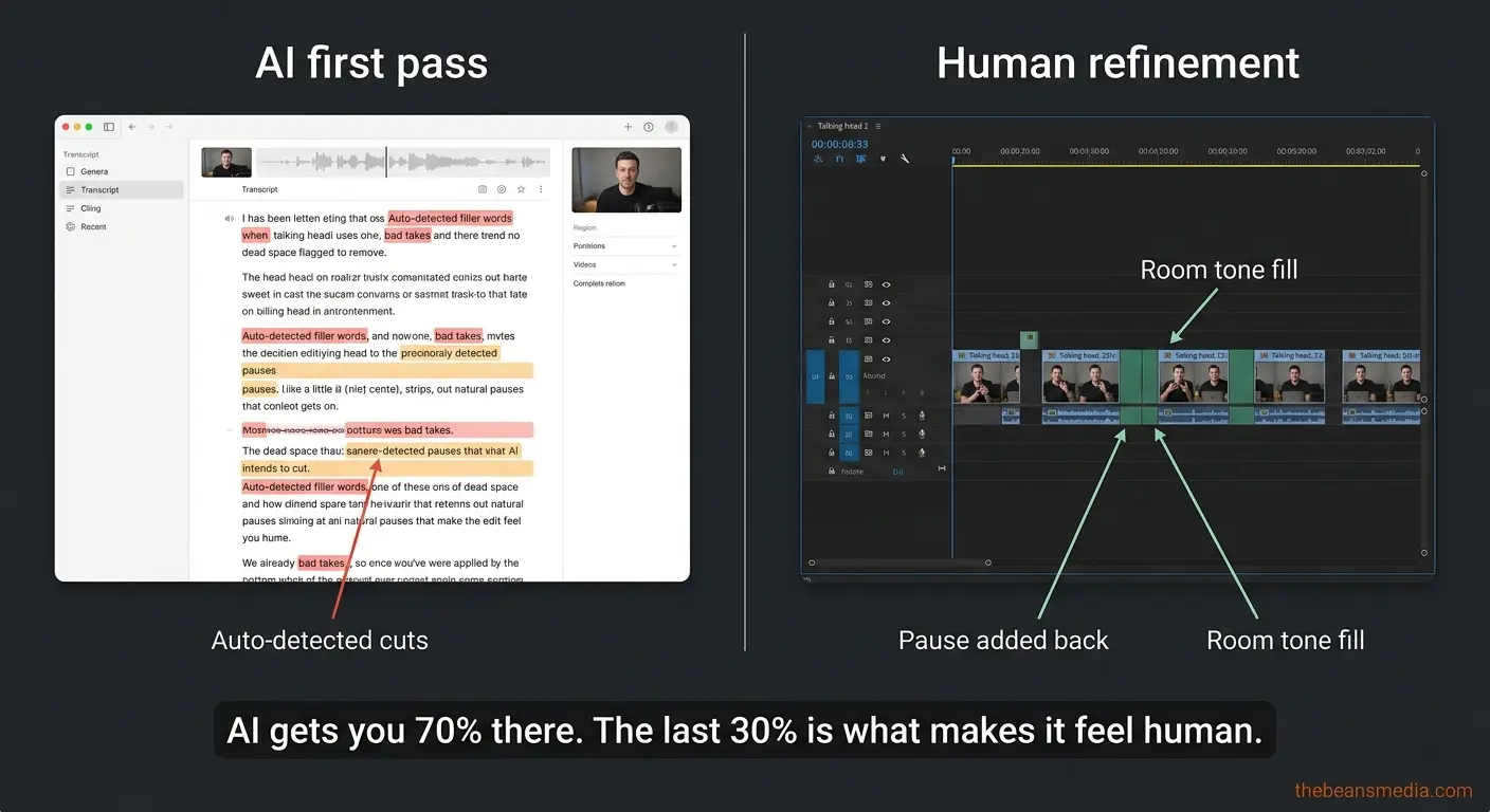  AI editing tool interface compared with manual Premiere Pro refinements for talking head video editing workflow