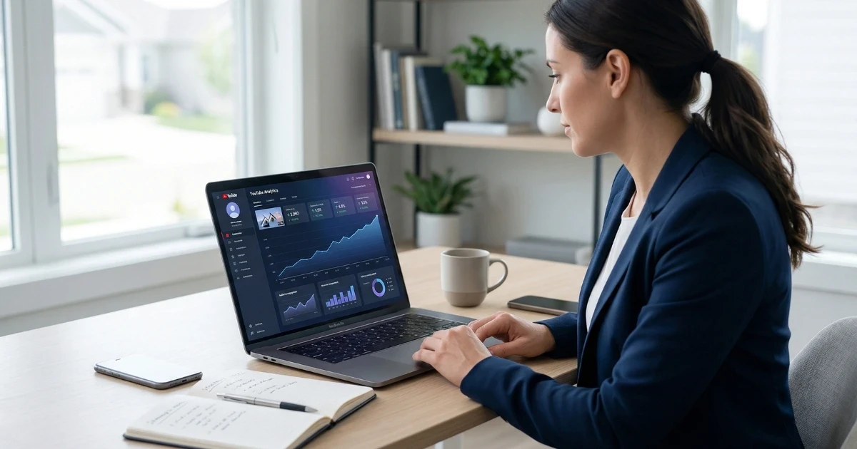 Real estate agent reviewing YouTube channel analytics and growth milestones on a laptop.