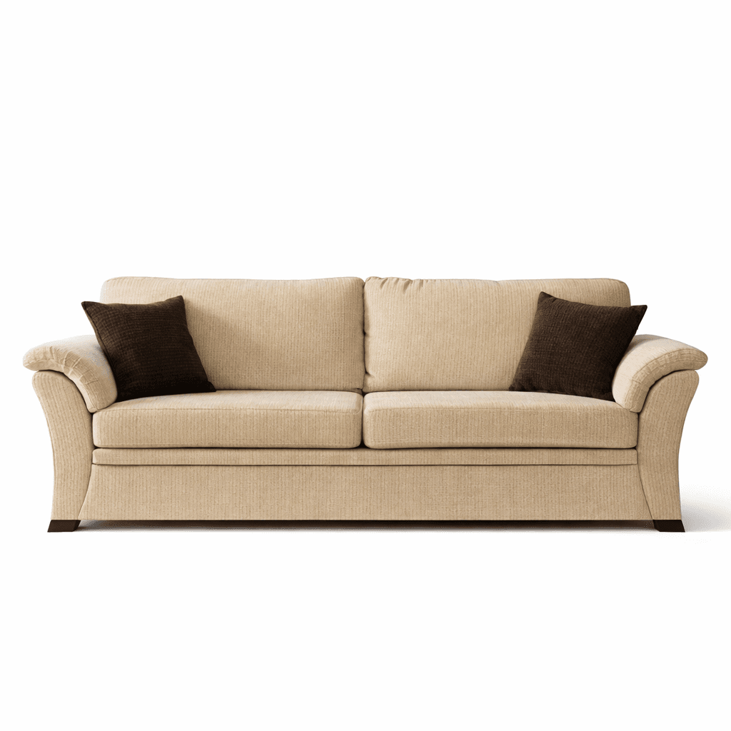 A generously proportioned three‑seater with broad armrests and layered accent cushions.