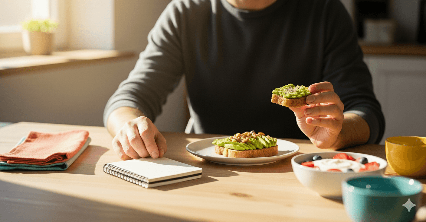Man eating a healthy breakfast with a notepad beside him, representing calorie counting versus intuitive eating approaches to weight loss.