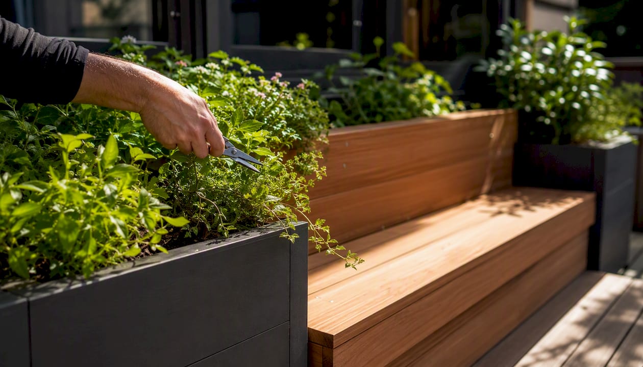 Hand pruning plants in bench planter box