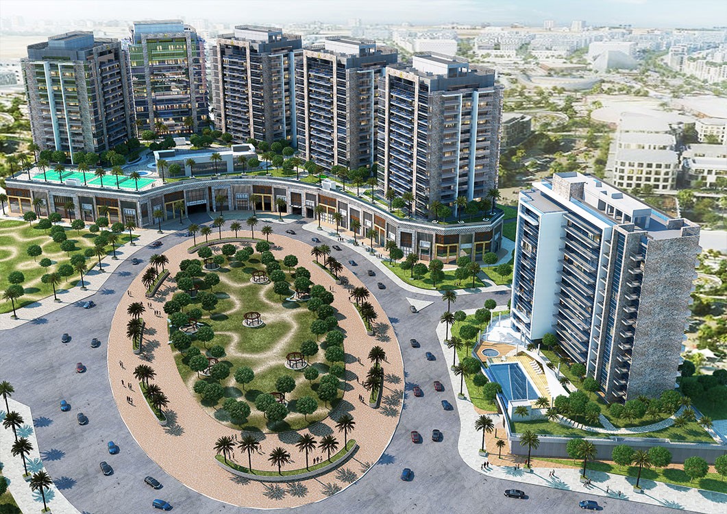 Aerial view of Al Barsha South 2, showcasing the city center with buildings and streets below.