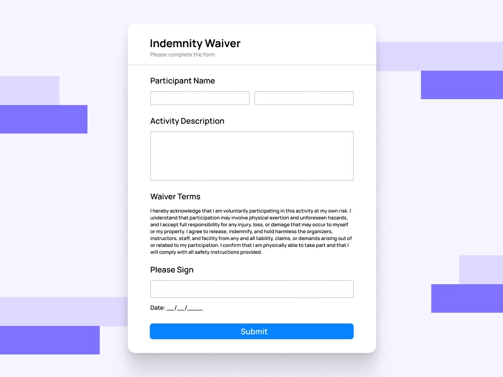 Indemnity waiver template preview
