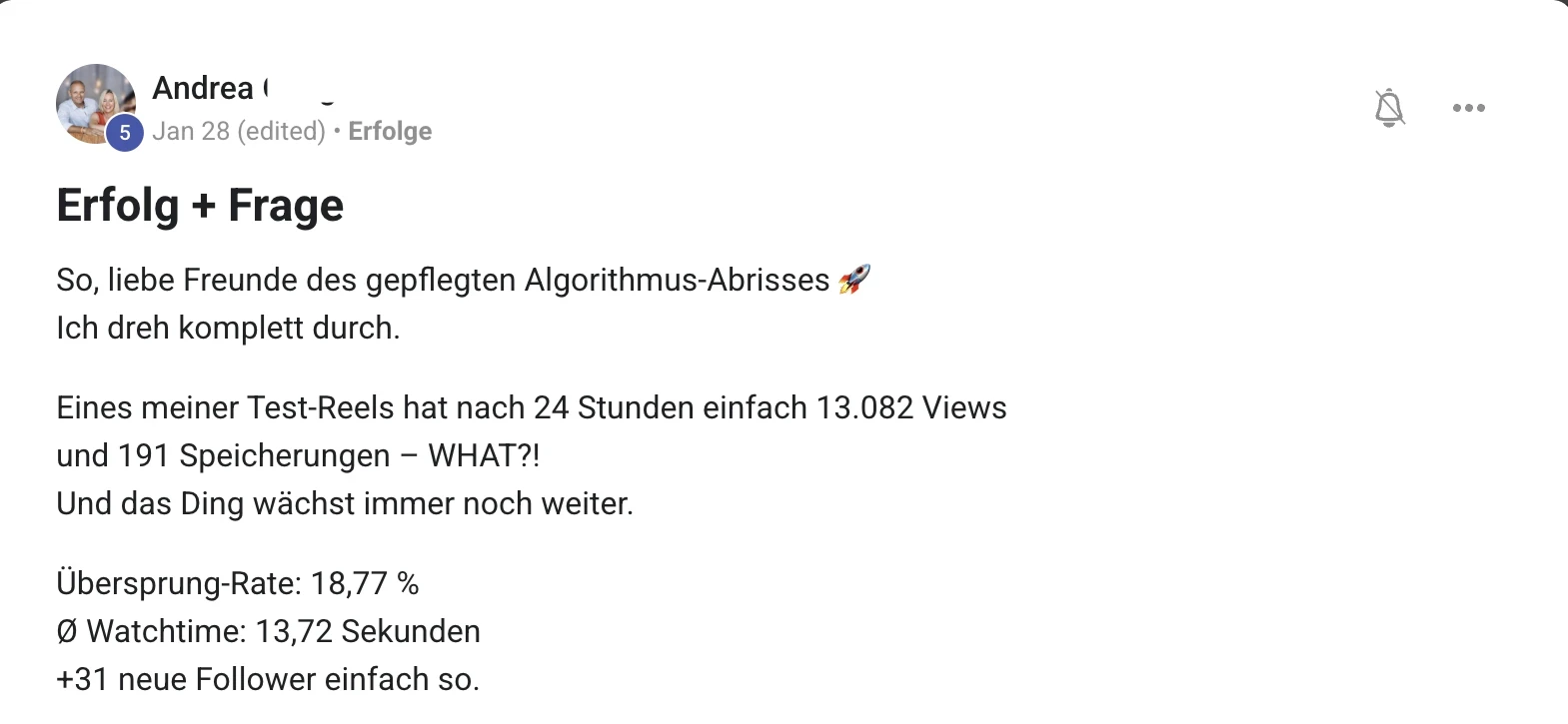 Erfahrungsbericht KI Creator Akademie: Andreas Instagram-Test-Reel erzielt 13.082 Views und 31 neue Follower