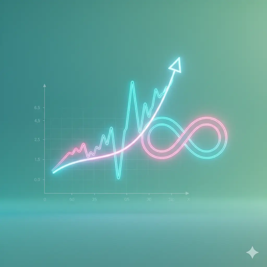 Neon teal and pink growth lines on a faint grid, one spiking upward into an arrow while another loops into an infinity symbol, suggesting endless progress
