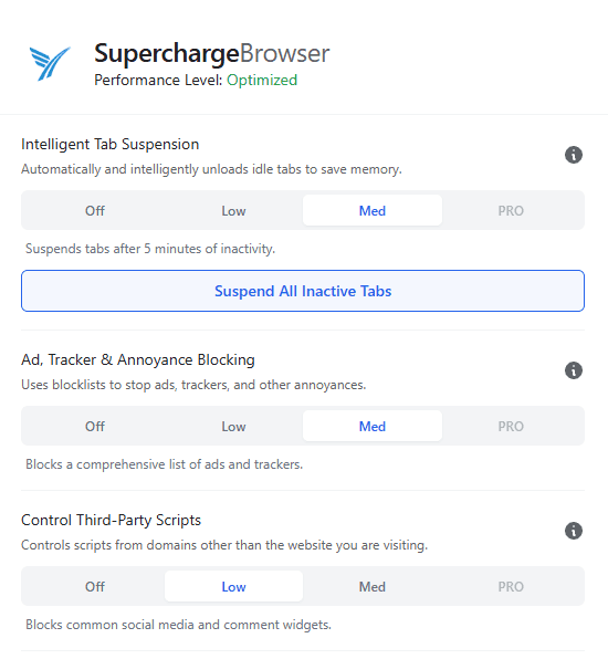 SuperchargeBrowser UI  showing intelligent tab suspension, ad & tracker blocking and third-party script control settings and header