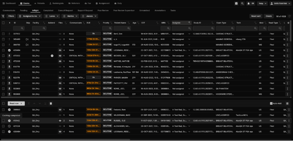 The image is a radiology patient dashboard showing various patient details, exam types, and statuses such as pending, completed, and unassigned, with information like patient names, exam dates, and types.

AI-generated content may be incorrect.