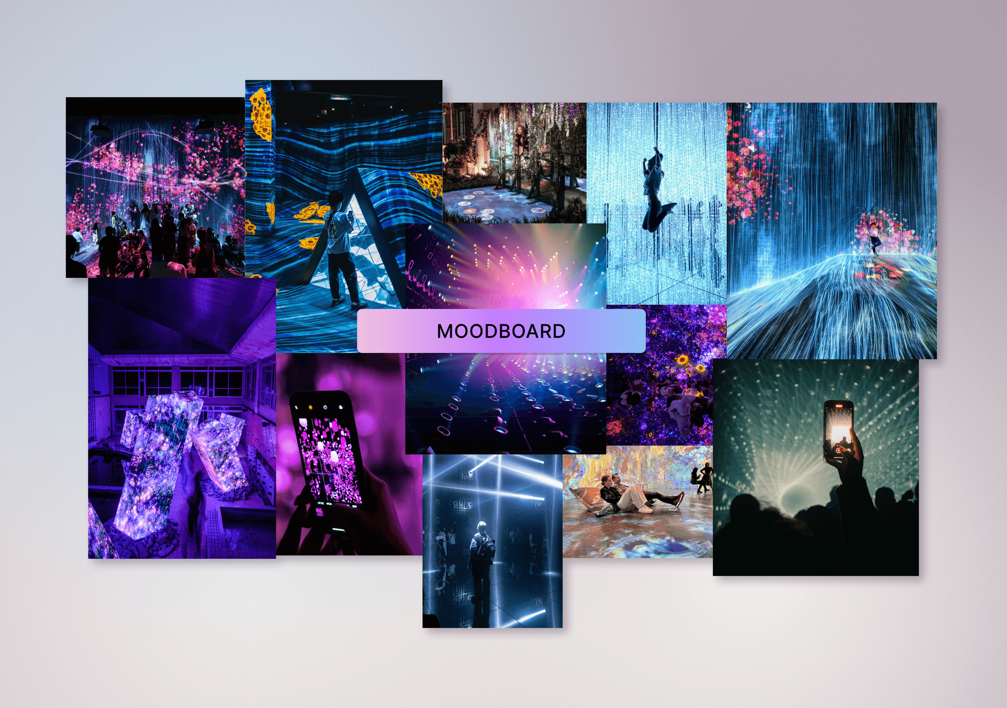 Moodboard for the Konstella project showing a collage of vibrant images with light installations, digital art, and immersive festival experiences in purple and blue tones