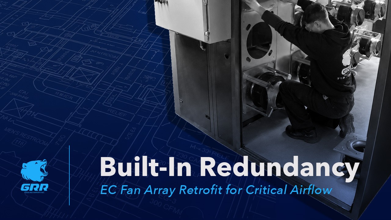EC fan array retrofit for critical hospital HVAC airflow, showing built-in redundancy inside an AHU by GRR Cooling Experts.