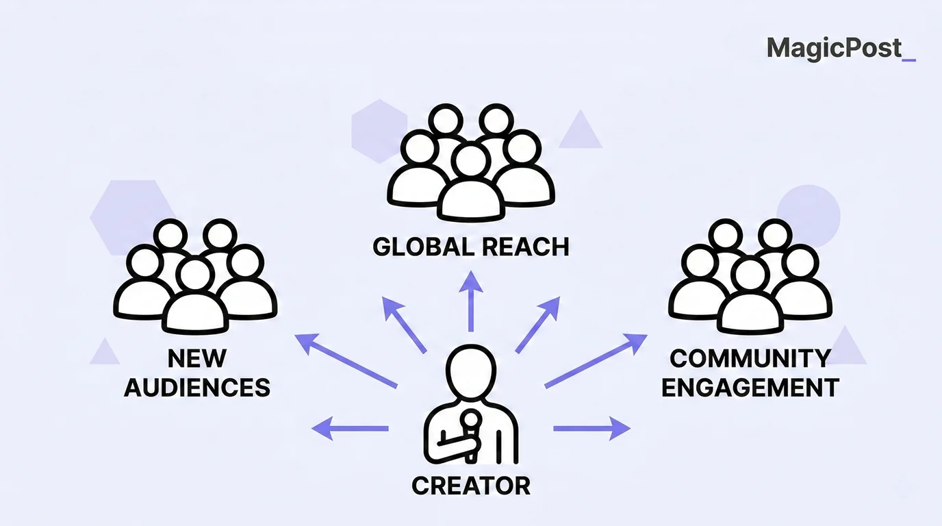Diagram showing a LinkedIn creator expanding reach through content distribution strategies to new audiences, global reach, and community engagement