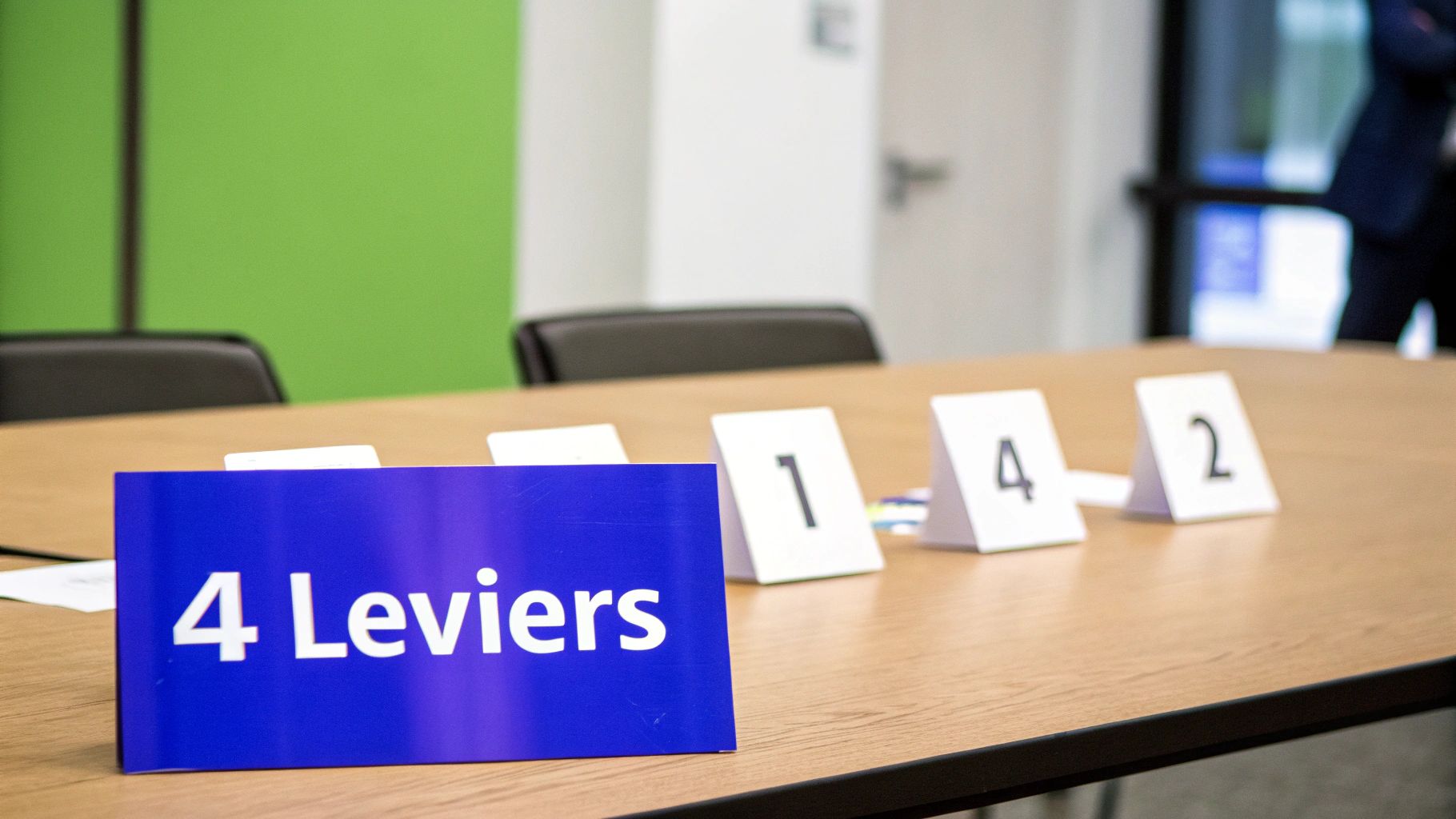 Table de conférence avec un panneau bleu affichant '4 Leviers' et des numéros de table.