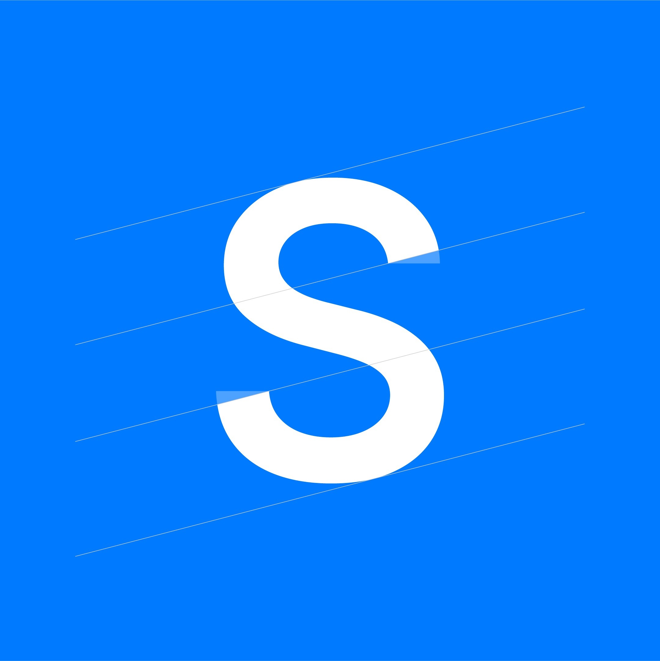 SeeOnMe letter “S” construction showing the brand mark’s geometry and alignment guides in white on a bright blue background.