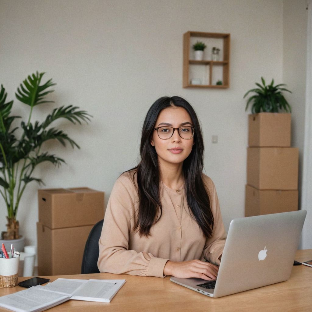 woman working on her laptop, with boxes behind her for dropshipping, at home office