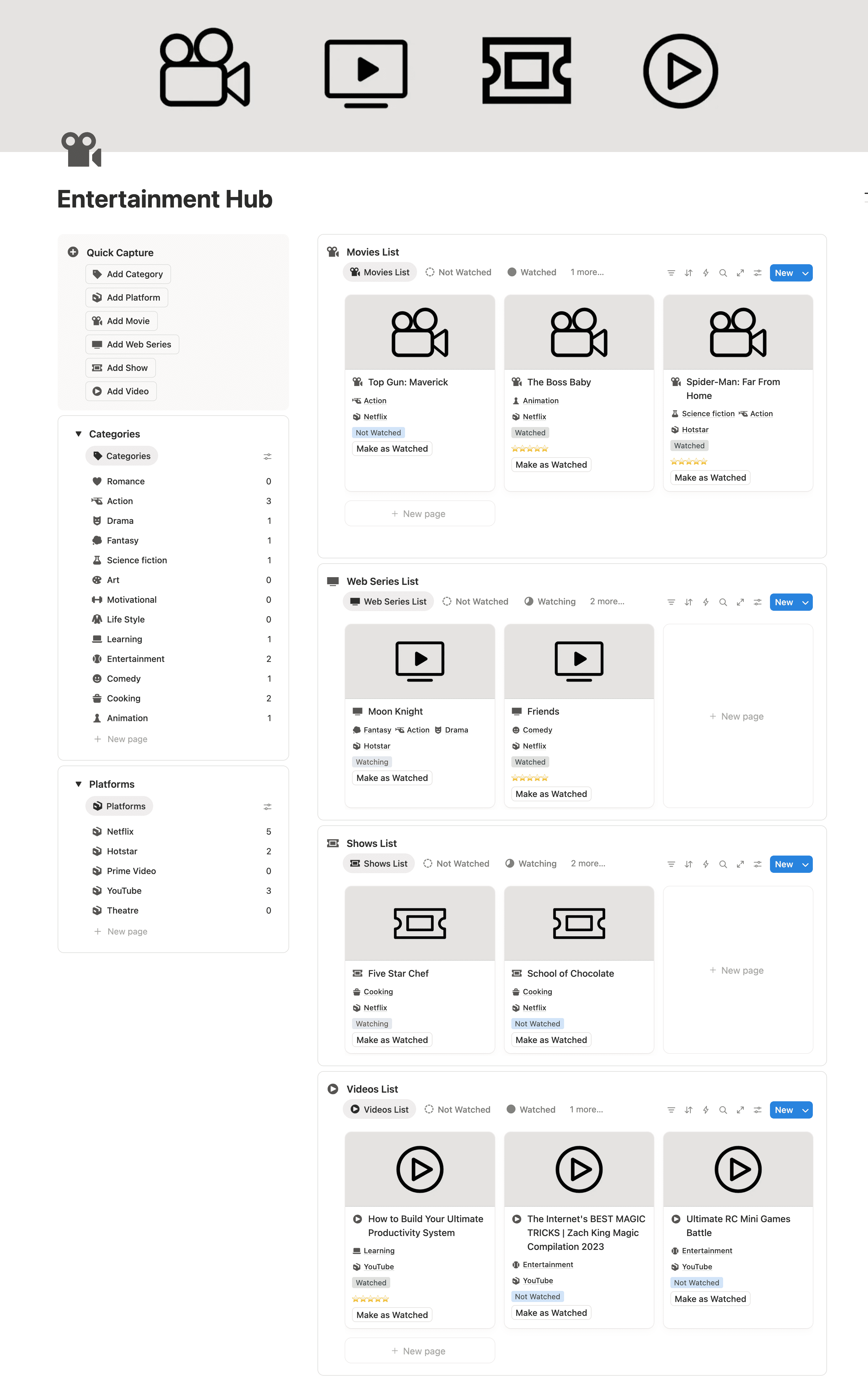Entertainment Hub Notion template for tracking movies, TV shows, anime, and watchlists