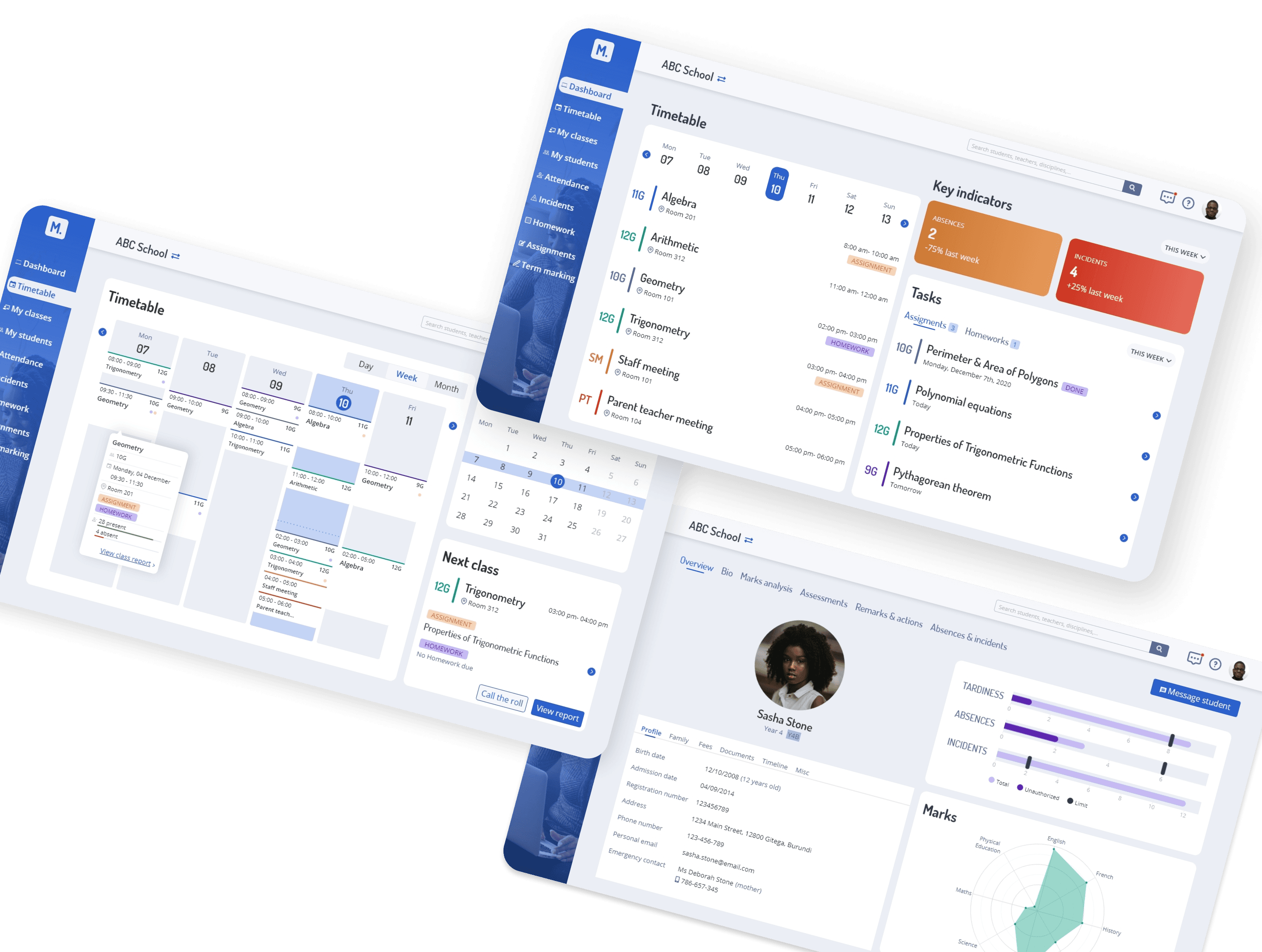 A picture showing 3 screenshots of the school system management app