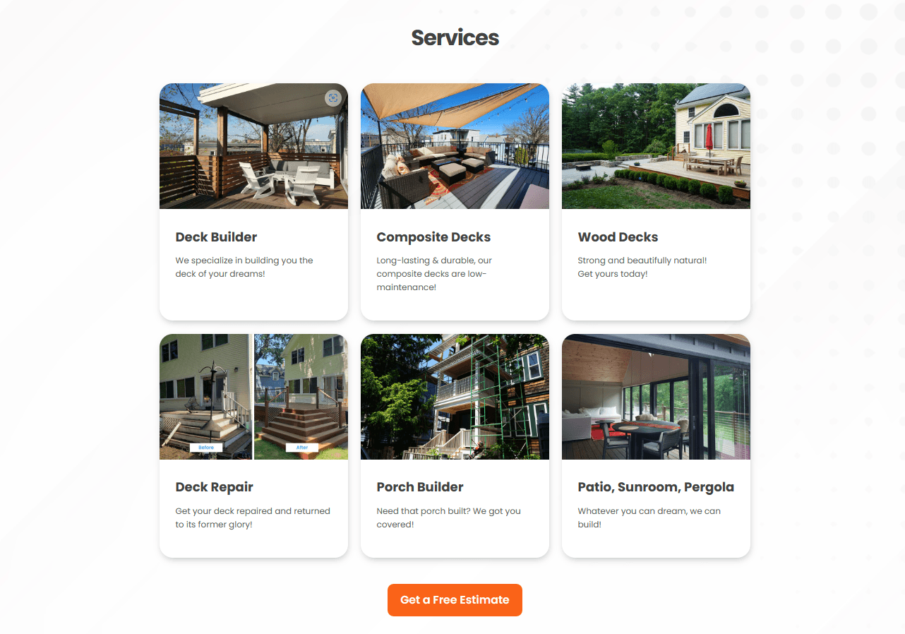 services section of a deck builder website