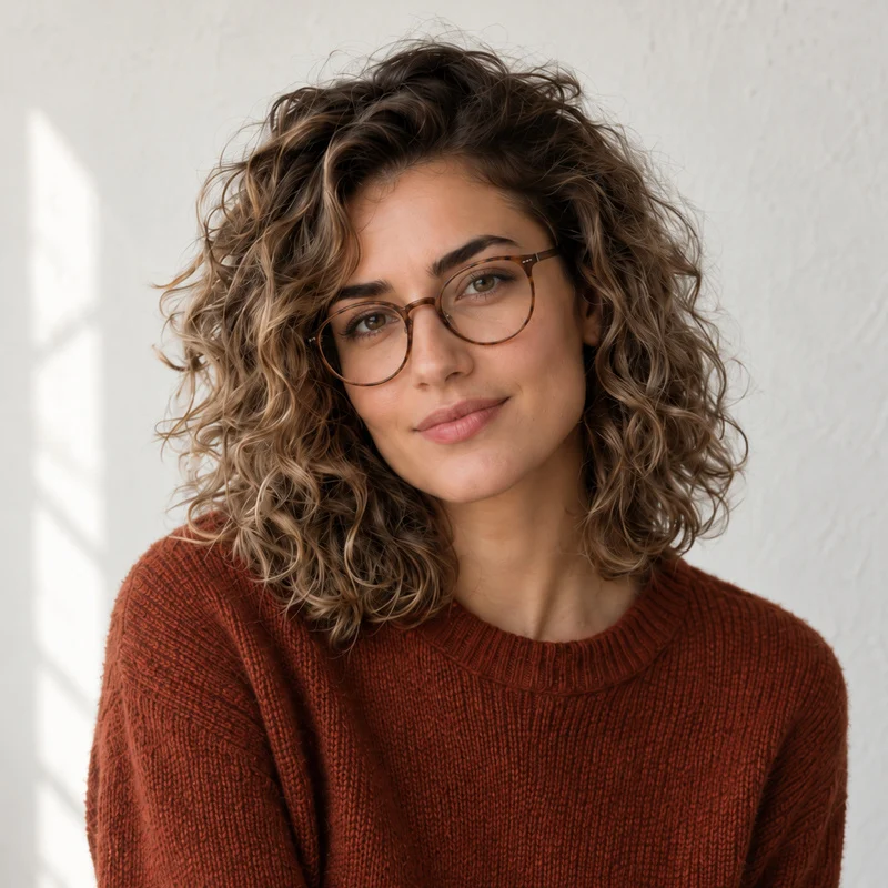 Lena Horak smiling, with curly hair and round tortoiseshell glasses