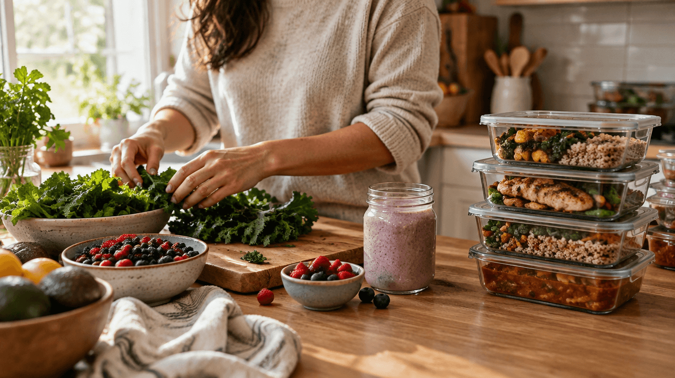 Fresh greens and berries beside glass containers of cooked meals on a sunlit kitchen counter.