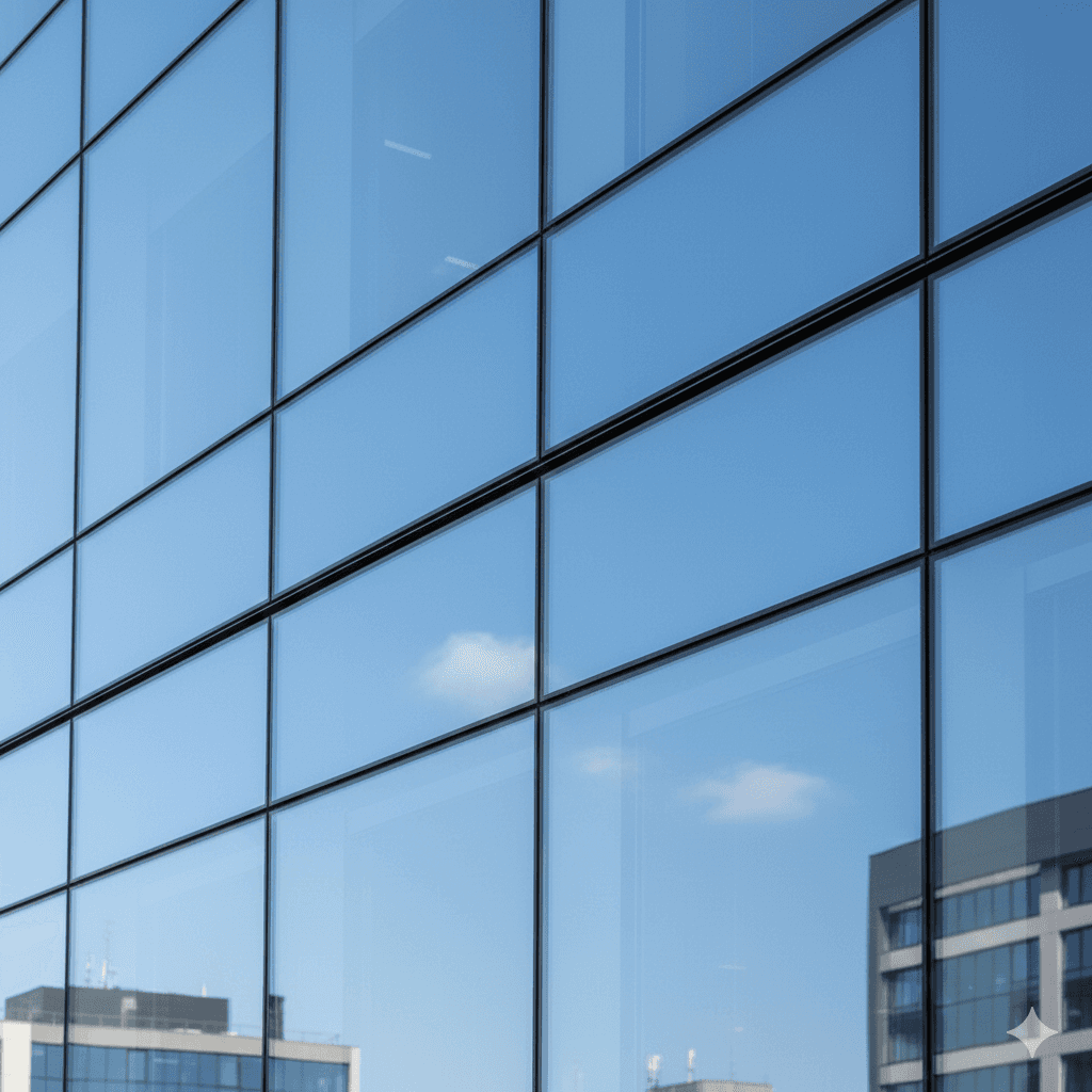 Close-up of reflective, energy efficient double glazing on M3M Line tower