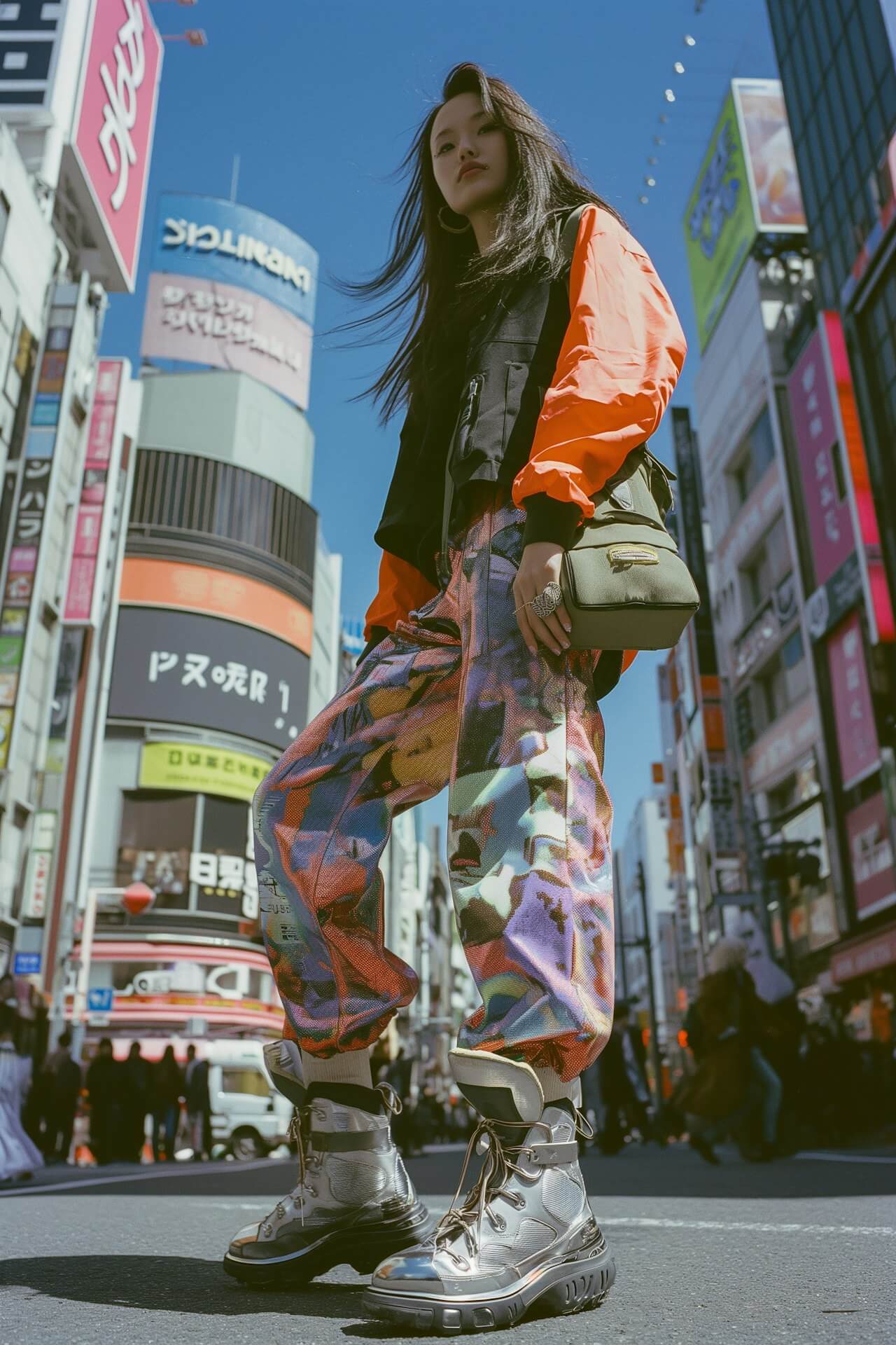 A woman in vibrant pants and an orange jacket stands confidently on a lively street