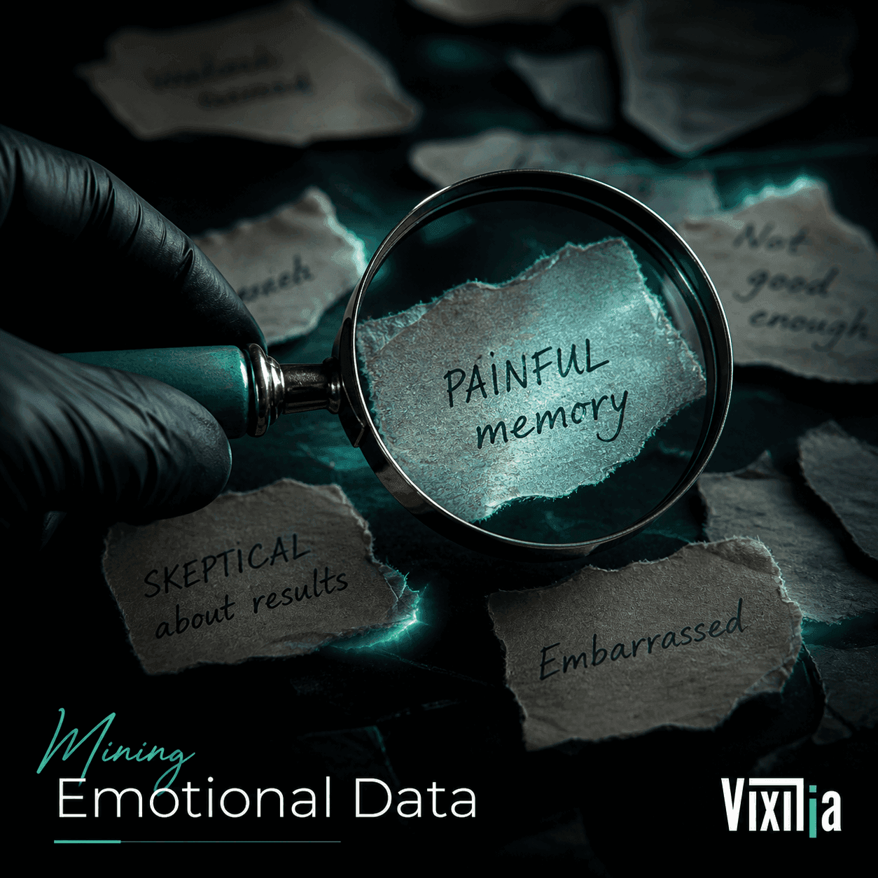 Vixilia strategic healthcare marketing visualization of patient behavior analysis, showing a magnifying glass uncovering hidden patient objections like 'PAINFUL memory', 'SKEPTICAL about results', and 'Embarrassed' on torn paper. Titled 'Mining Emotional Data', it illustrates how understanding patient psychology improves clinic ad conversions.