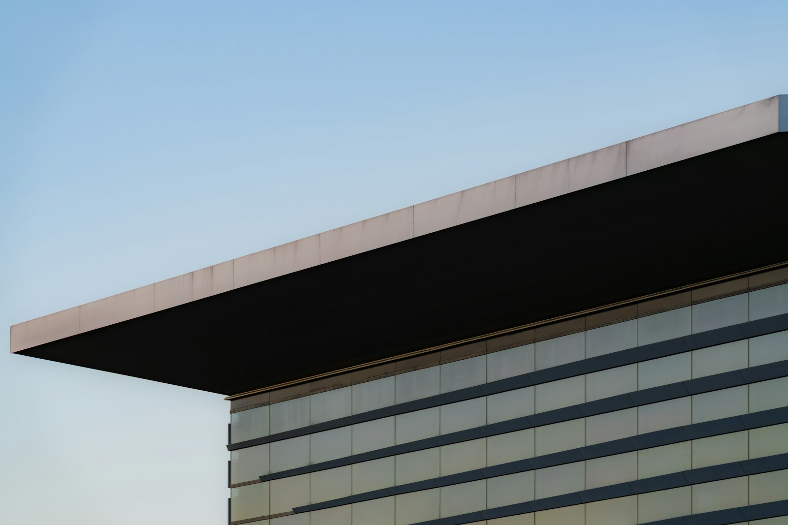 Modern commercial building with a flat, low-slope membrane roof and parapet edge against a clear sky