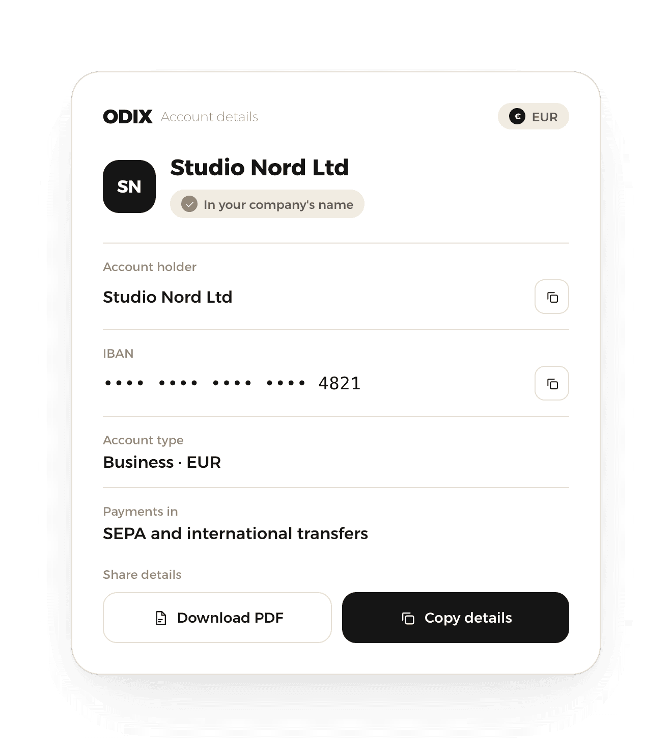 Account details card for a sample company with a masked IBAN