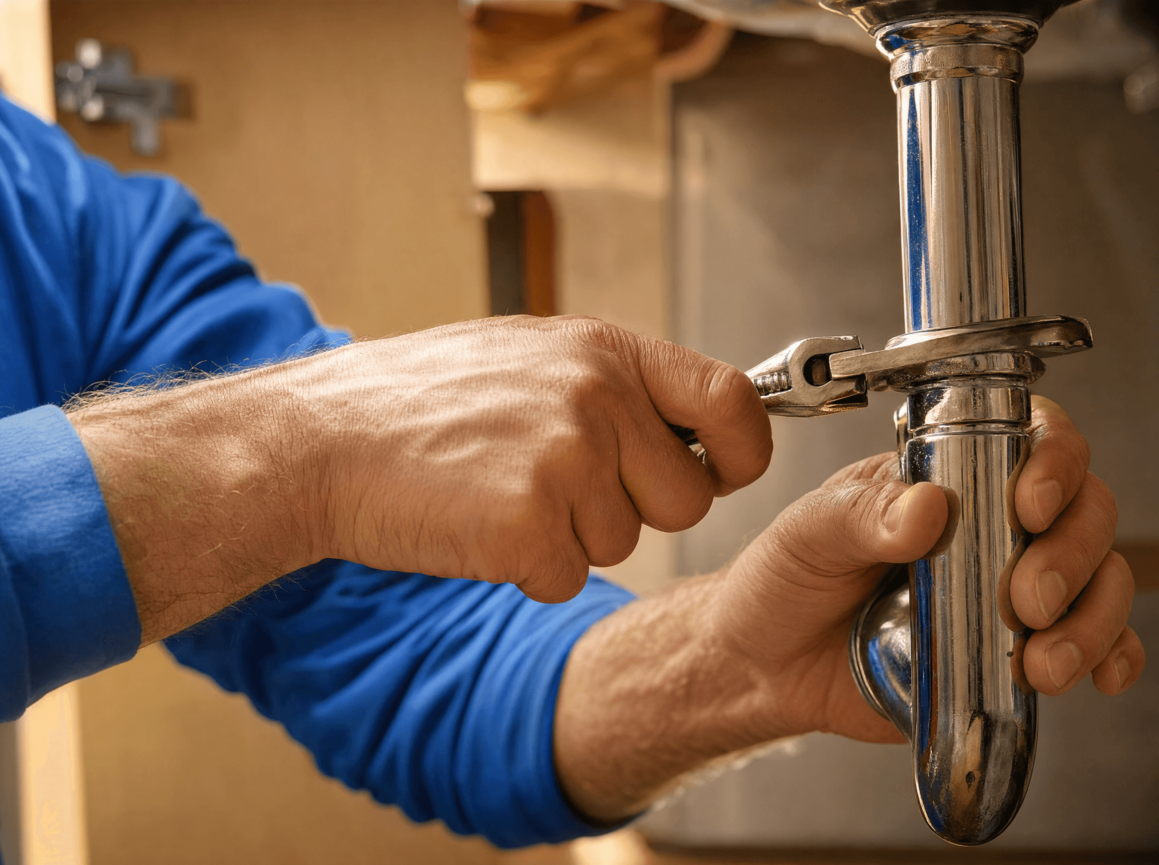 Close-up of a plumber's hands using a wrench to tighten a pipe fitting during a repair