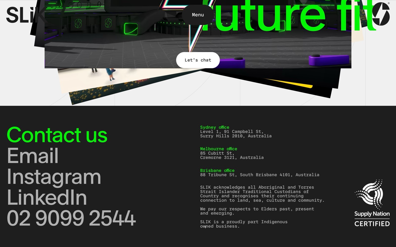 Black background with green contact text. Includes "Email, Instagram, LinkedIn" and phone number "02 9099 2544." Locations listed.