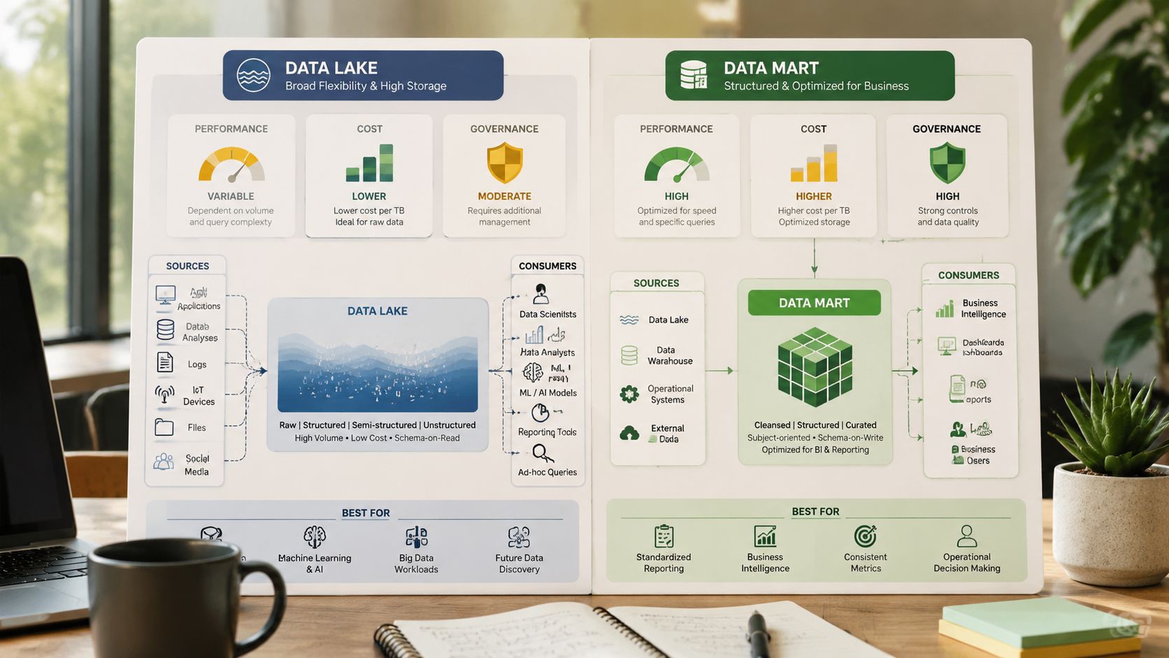 An infographic displaying a comparison between data lake and data mart architectures with key characteristics.