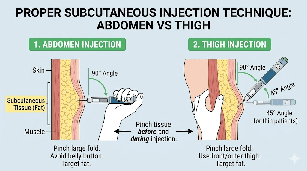 Proper GLP-1 injection technique comparison abdomen versus thigh