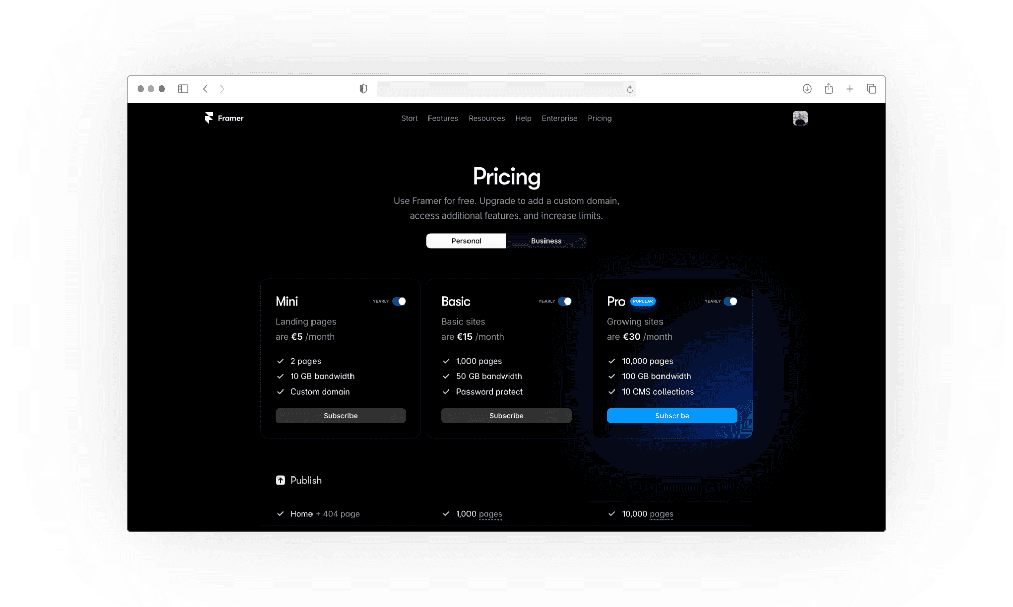 Framer personal plans