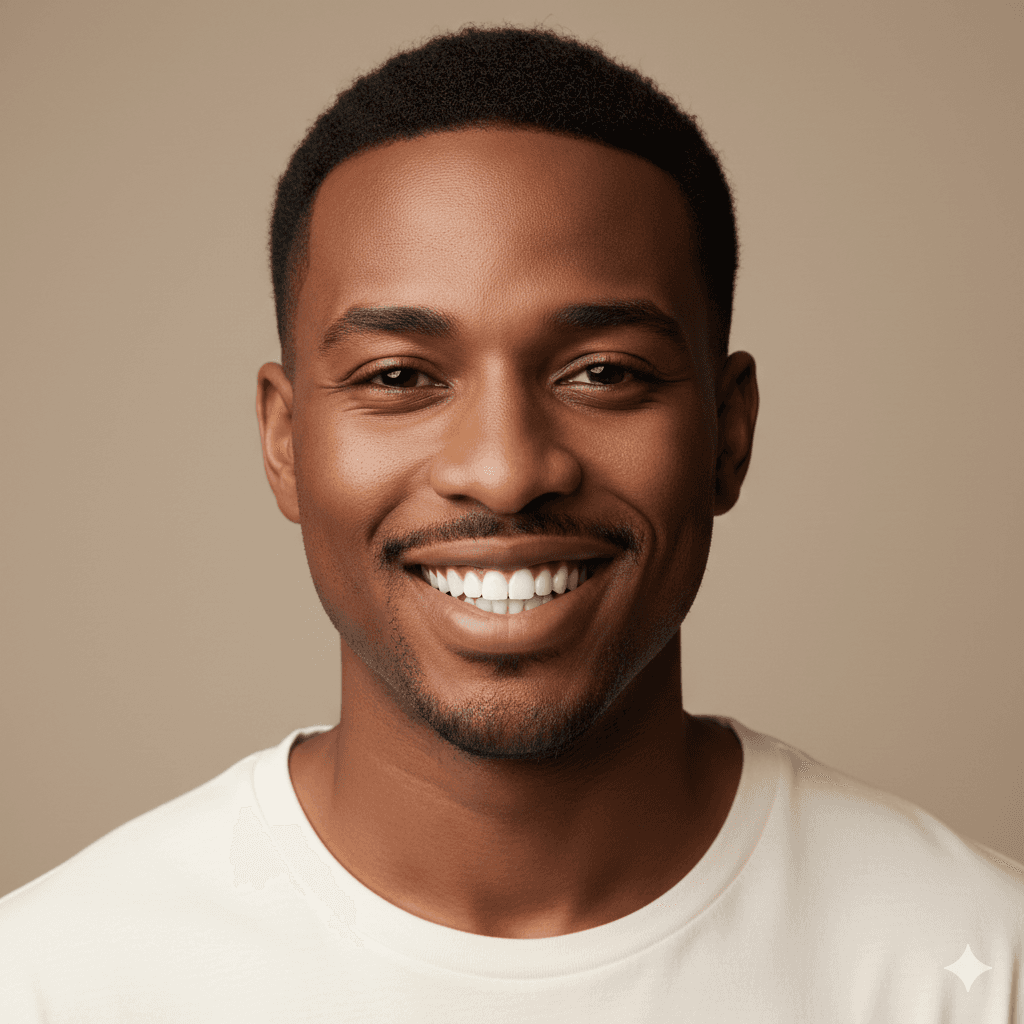 Smiling man in a white shirt against a beige background. He conveys a sense of warmth and friendliness, with a clean and simple aesthetic.