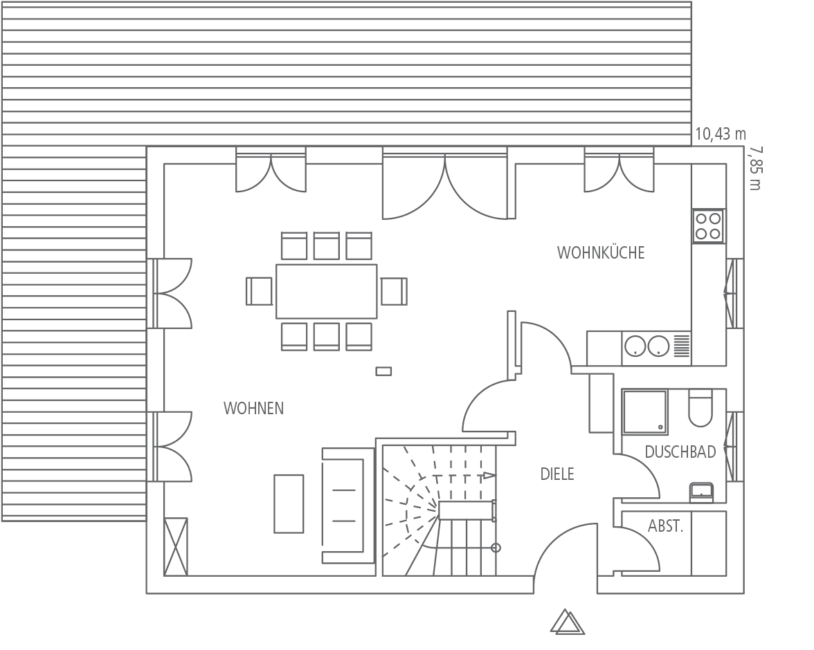 Grundrissskizze eines Hauses mit Wohnbereich, Wohnküche, Diele, Duschbad und Abstellraum.
