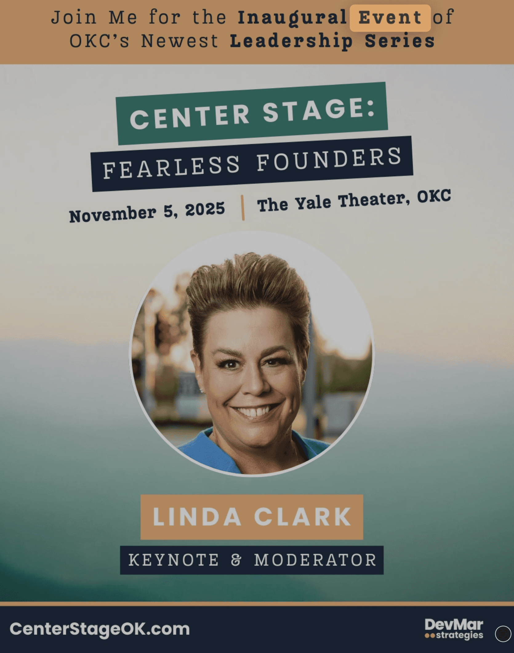 A promotion graphic featuring Linda Clark as the keynote speaker for the first Fearless Founders event by DevMar Strategies in Oklahoma City. It shows the speaker headshot and event details