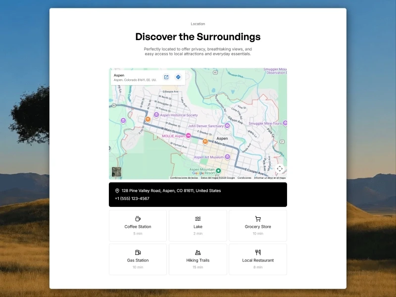Interactive map and points of interest for Pine Valley location showing proximity to lake and hiking trails