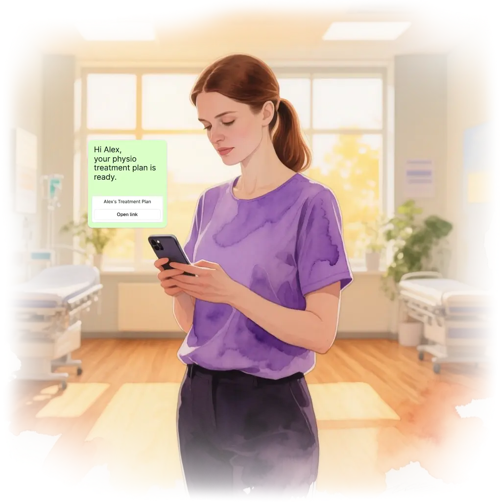 A female patient is looking at her phone message that says her physiotherapy treatment plan is ready