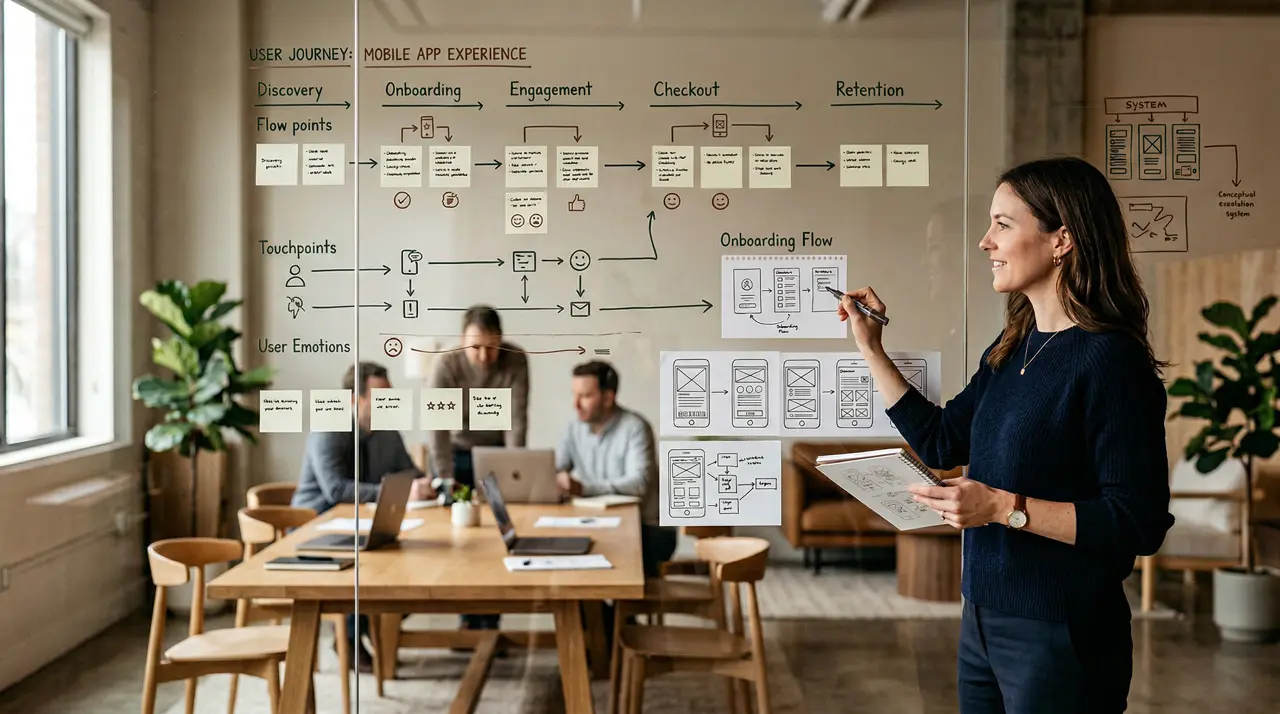Workshop de estrategia UX con mapas de experiencia de usuario, wireframes y planeación de producto digital organizados en un estudio minimalista.