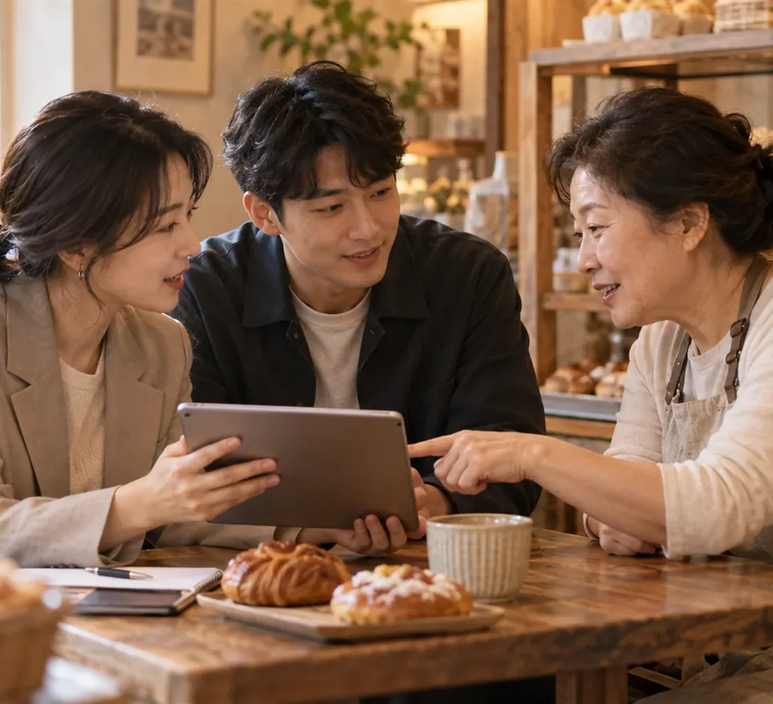 동네 베이커리에서 사장님과 태블릿을 보며 이야기하는 단골답장 팀