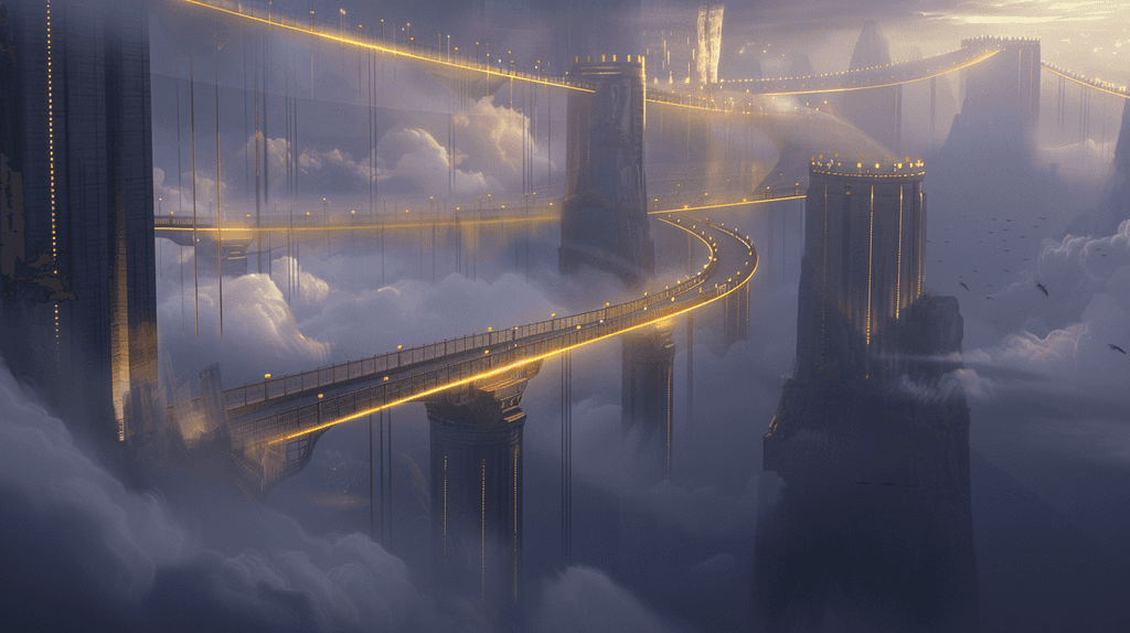 A surreal landscape with foggy mountains and glowing bridges suspended in the air, creating a mystical atmosphere.