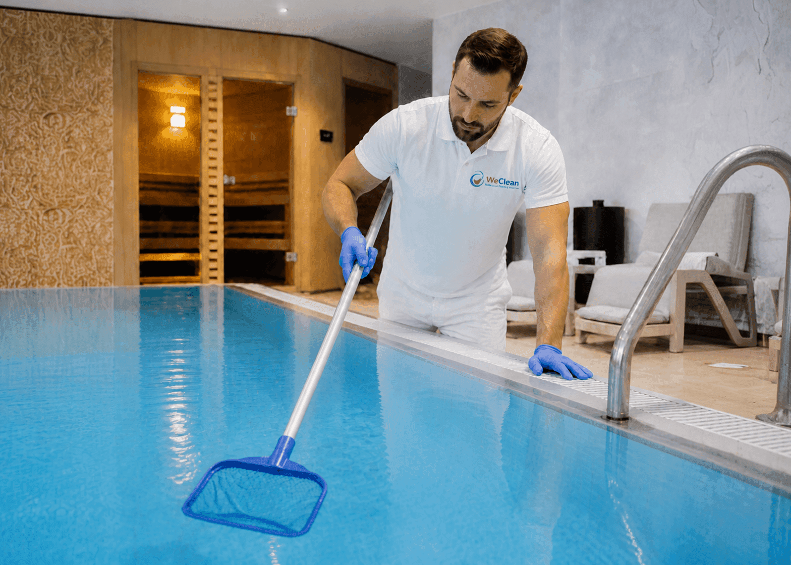 Специалист WeClean чистит бассейн в Ташкенте