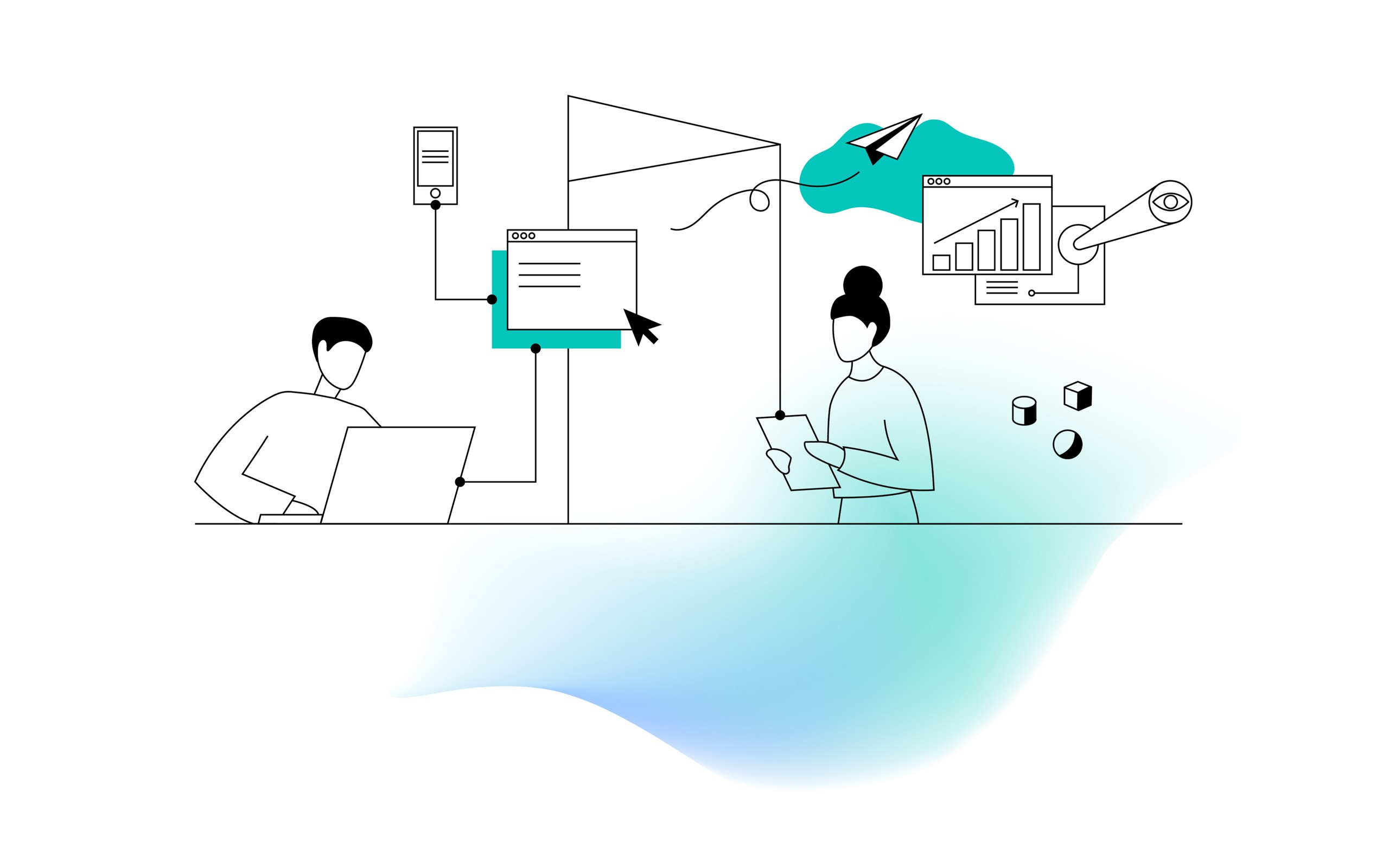 Illustration showing a man and woman using digital technology