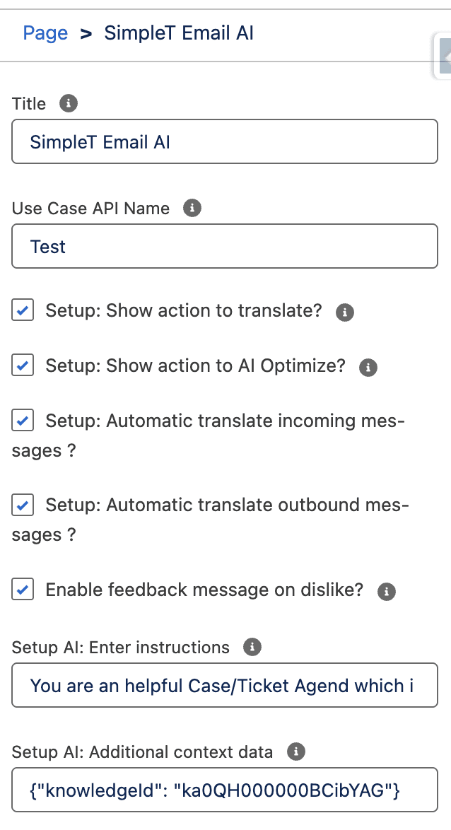 SimpleT Email AI Component Properties and Interface
