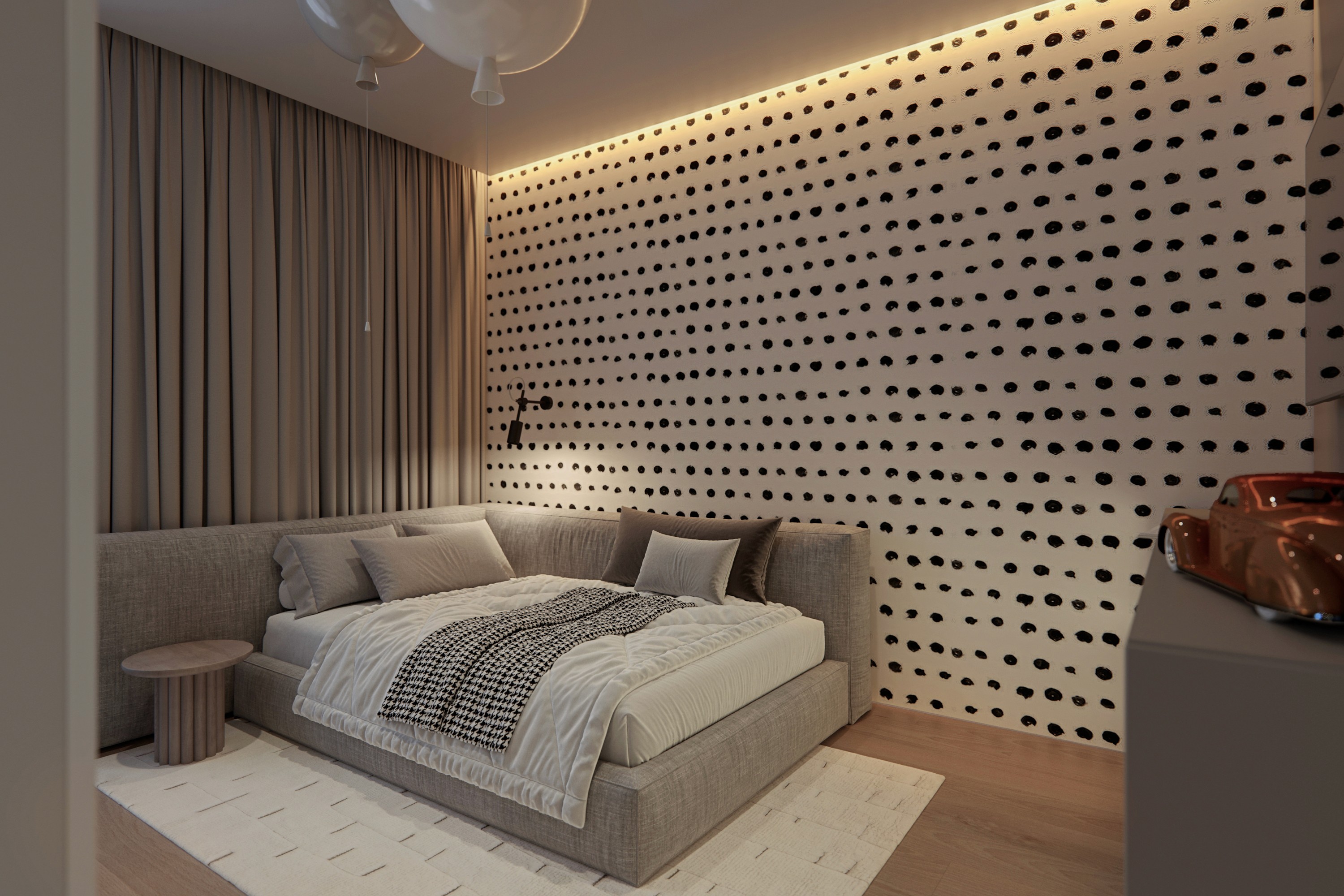 Children's room with custom furniture, unique wallpaper and warm lighting