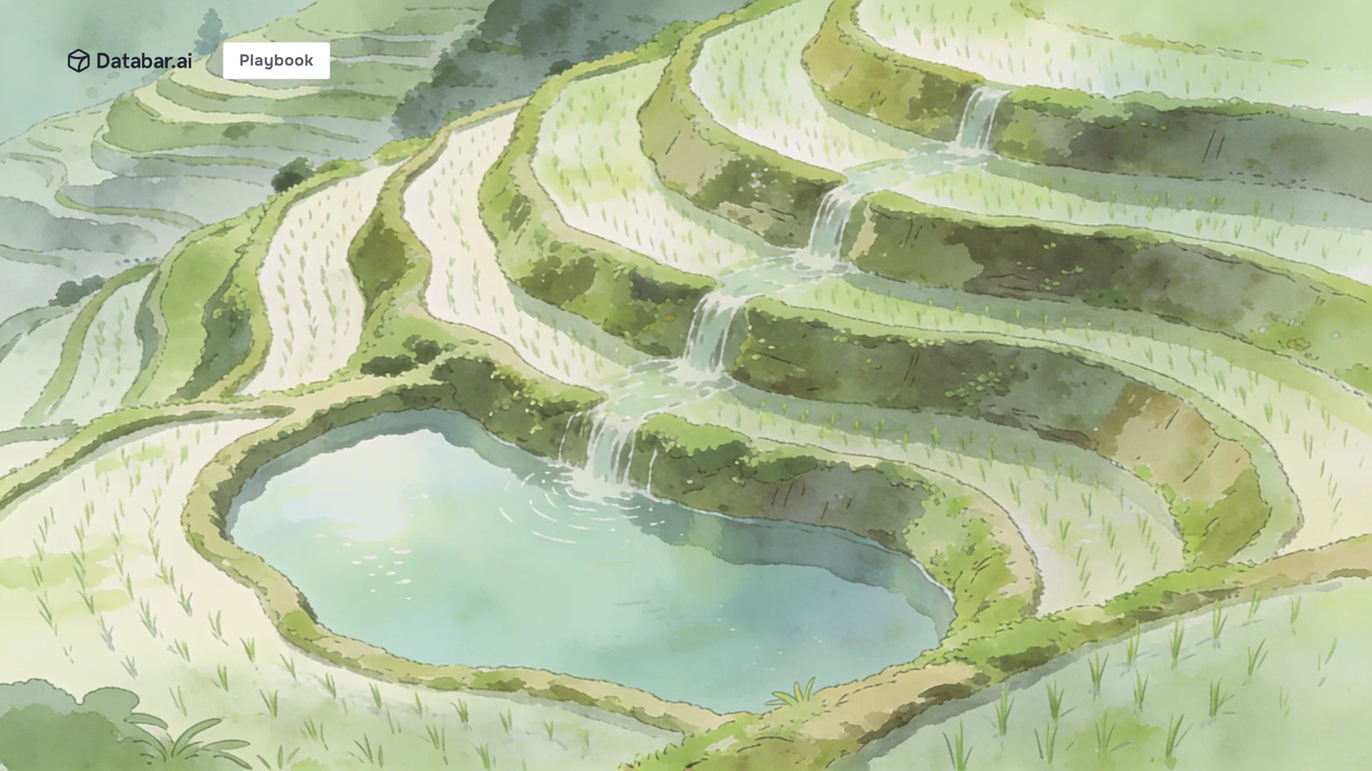 Aerial illustration of terraced paddies collecting into one pool — inbound-led outbound pipeline