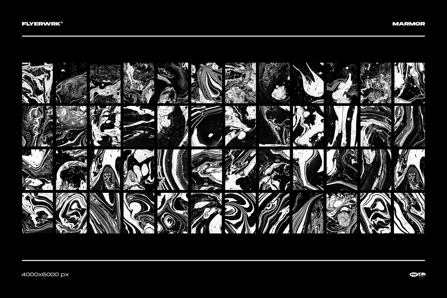 Marmor marble textures grid overview showing fifty unique high resolution black and white ink backgrounds