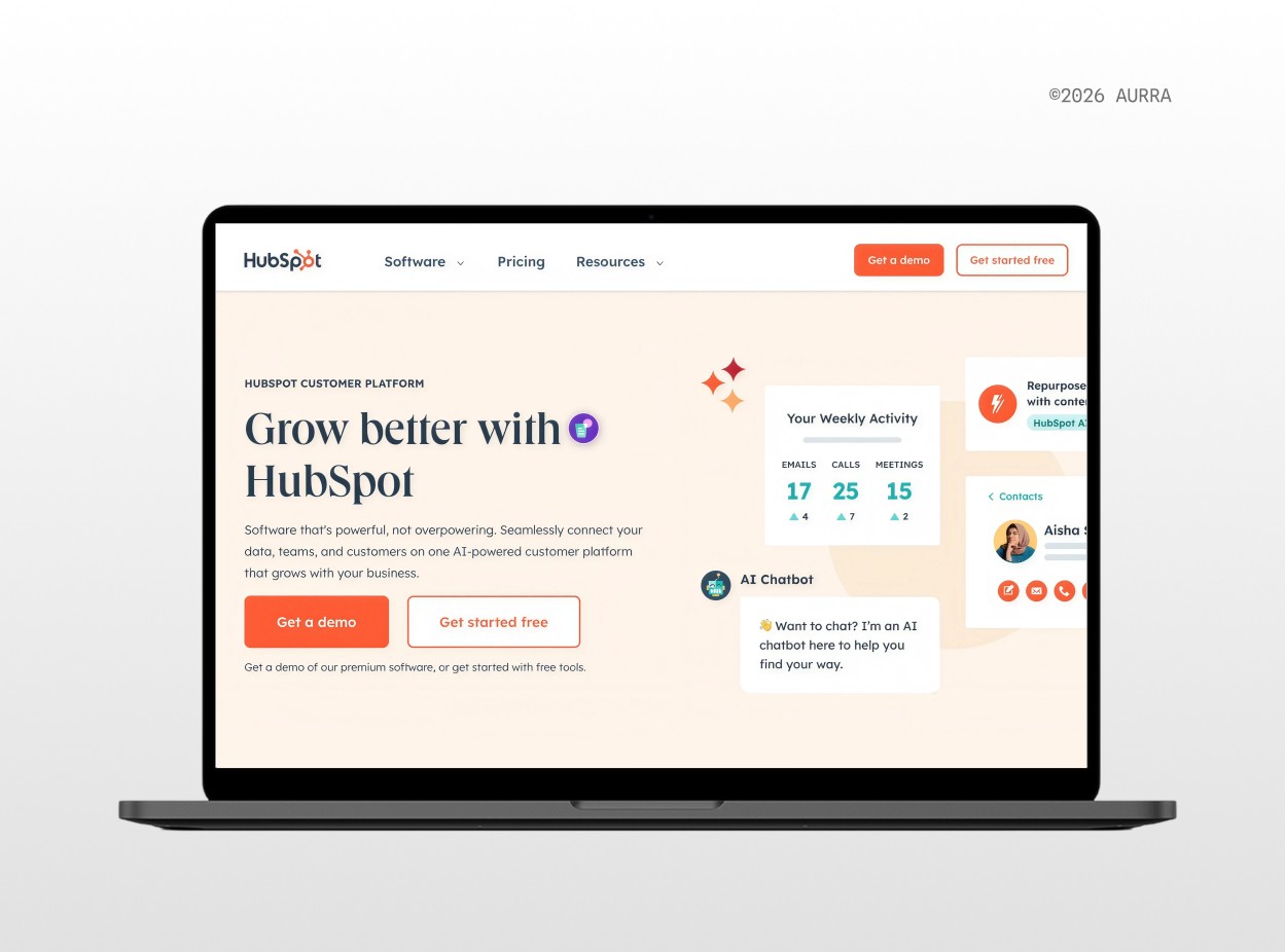 HubSpot homepage using orange buttons and accents against a warm cream background, bringing approachability to B2B software